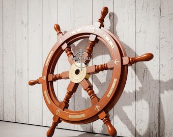 36 Inch Nautical Ship Wheel, Rosewood Brass Steering Wheel, Pirate Decor, Coastal Wall Art