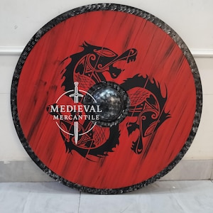 Red Dragon Viking Shield: Medieval LARP Warrior Wood & Steel