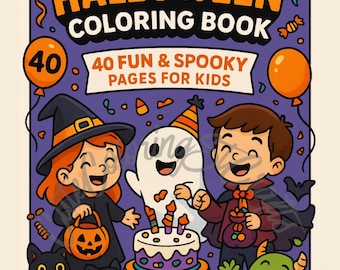 May include: A Halloween coloring book cover with the title "Halloween Coloring Book" in orange and white. The cover features cartoon illustrations of children in costumes, a ghost, a cake, black cats, and pumpkins. The text reads "40 Fun & Spooky Pages for Kids."