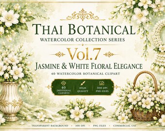 Puede incluir: Una colección digital de 40 imágenes prediseñadas botánicas en acuarela titulada Thai Botanical Watercolor Collection Series Vol. 7 Jasmine & White Floral Elegance, con flores de jazmín blancas en un jarrón, una cesta y una guirnalda.