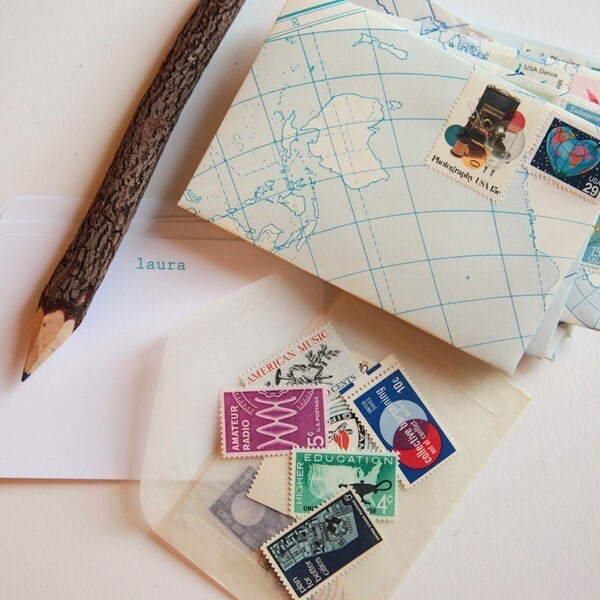 PERSONALIZED geography lesson letter set, set of 8 notecards with handmade envelopes and vintage postage stamps