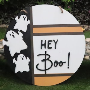 Hey Boo Front Door Decor, Halloween Wooden Sign, Ghost Front Door Hanger, Halloween Welcome Sign, Halloween Door Hanger, Halloween Decor
