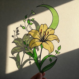 Lily Flower and Crescent Moon Stained Glass Pattern, Floral Stained Glass Suncatcher, DIY Stained Glass Home Decor, PDF, Hanging Decor Home