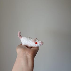 May include: A small, handmade crochet mouse toy crafted from white yarn with light pink accents on the ears, nose, and tail. The mouse features a single, bright red bead for an eye, showcasing a textured, soft-looking stitch pattern throughout.