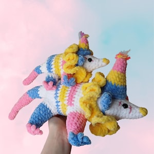 Crochet Clown Possum Plush: Colorful Clowncore Party Possum