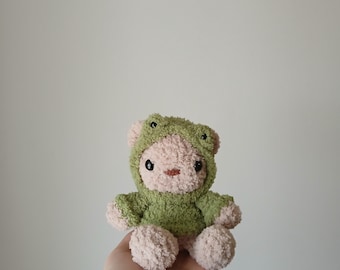 Mini Fuzzy Bear In A Frog Hoodie Crochet Plush, Adjustable Hood, Customizable Handmade Plushie