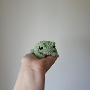 May include: A small, light green crocheted frog plush toy with a textured, yarn-based surface. The frog features two large, round, black plastic eyes and a white underside, crafted with a soft, looped stitch pattern throughout its body.