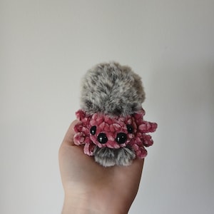 May include: A handmade plush spider toy with a pink body and gray fur head. The spider has eight legs and six black eyes. The toy is held in a person's hand against a plain white background.