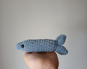 Crochet Emotional Support Sardine, Weighted Sardine Plushie, Handmade Fish Stuffed Animal
