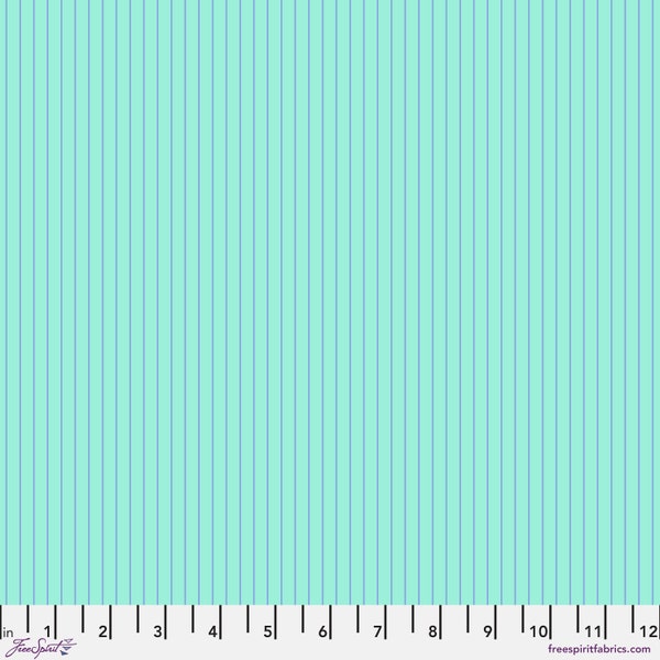 Tula Pink's Tiny Stripes in "Misty" - lavender stripes on an aqua ground - BTY