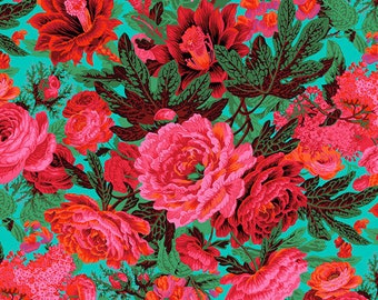 Può includere: Un tessuto turchese con un motivo ripetuto di fiori rosa e rossi. I fiori sono stilizzati e hanno un aspetto vintage. Il tessuto è perfetto per il quilting, la cucitura e l'artigianato.