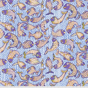 May include: A seamless pattern featuring a repeating design of stylized fish in shades of purple, yellow, and white on a light blue background with a chevron pattern.