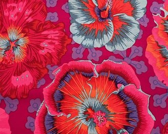 May include: A vibrant floral pattern featuring large hibiscus flowers in shades of pink, red, orange, and blue. The background is a deep magenta with smaller, stylized floral accents. This design is suitable for fabric or wallpaper.