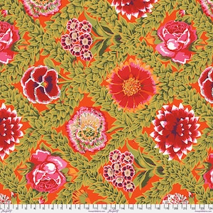 May include: A vibrant floral pattern featuring red, pink, and white flowers on a bright orange background. The flowers are surrounded by green leaves, creating a lush and tropical feel.