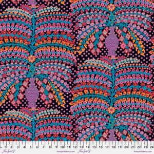 May include: A black fabric with a repeating pattern of colorful floral bouquets in vases. The flowers are pink, orange, red, and blue. The vases are purple. The background is black with small white dots.