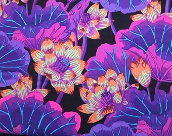 May include: A black fabric with a repeating pattern of pink, purple, and orange lotus flowers. The flowers have a detailed design with intricate lines and a white center.