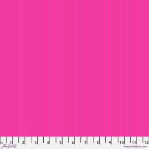 Tula Pink&#39;s Tiny Stripes in &quot;Mystic&quot; - purple stripes on a bright pink ground - BTY