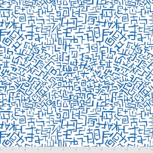 May include: A white background with a repeating pattern of blue abstract shapes and lines. The shapes and lines are hand-drawn and have a rough, textured look.