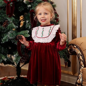 velvet christmas dresses for infants Sophie & Lucas Baby Girls Velvet Christmas Bubble with White Petal Collar