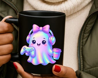 Tazza Kawaii Ghost Gamer: tazza da caffè in ceramica nera iridescente
