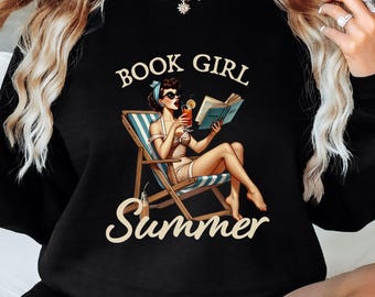 Sudadera de cuello redondo de verano Book Girl: sudadera vintage de lectora pin-up