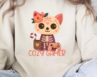 Cozy Gamer Crewneck: Skeleton Cat Sweatshirt - Gift for Streamers