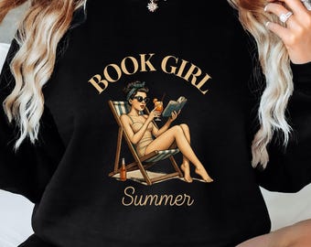 Sudadera de cuello redondo de verano Book Girl: sudadera vintage de lectora pin-up