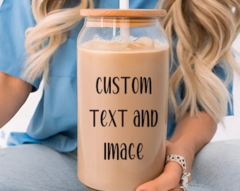 Personalized Iced Coffee Glass Cup: Custom Design Tumbler with Lid & Straw