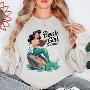 Book Girl Summer Crewneck Sweatshirt, Pin-Up Mermaid Book Lover Gift, Cozy Bookish Reading Pullover, Fantasy Aesthetic Sweater