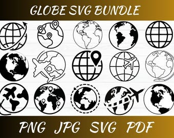 Globe SVG Bundle: World Map Clipart, Cut File (PNG, Digital Download)