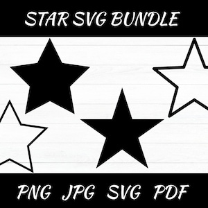 May include: A black and white graphic design featuring a star SVG bundle. The image includes four star shapes: two solid black stars and two outlined stars. The text "STAR SVG BUNDLE" is at the top, and "PNG JPG SVG PDF" is at the bottom.