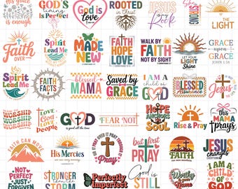 Paquete de archivos SVG cristianos de estilo bohemio: citas sobre la fe, versículos bíblicos y diseños religiosos (45 archivos).
