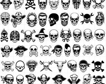 Paquete de 70 calaveras en formato SVG: imágenes prediseñadas góticas, moteras, piratas y punk (descarga digital).