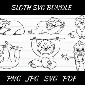 Könnte beinhalten: Ein Satz von fünf Schwarzweiß-Zeichnungen von Faultieren in verschiedenen Posen. Die Faultiere sind alle süß und cartoonartig. Der Text "Sloth SVG Bundle" befindet sich oben im Bild. Der Text "PNG JPG SVG PDF" befindet sich unten im Bild.