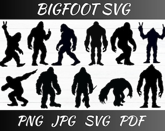 ビッグフットSVGバンドル：シルエットクリップアート、カットファイル（PNG、PDF