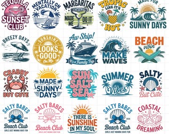 Paquete de 42 archivos SVG de verano: estilo retro playero, diseños costeros (SVG, PNG)