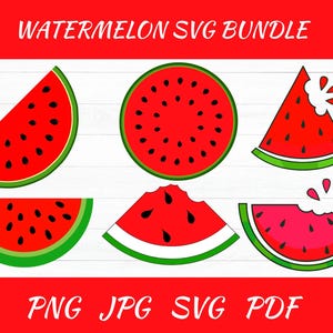 Op de afbeelding: Een set van zes watermeloen SVG-bestanden. De watermeloenen zijn rood met zwarte pitten en groene schillen. De watermeloenen zijn in verschillende vormen en maten, waaronder een hele watermeloen, een plak watermeloen en een watermeloen met een hap eruit.