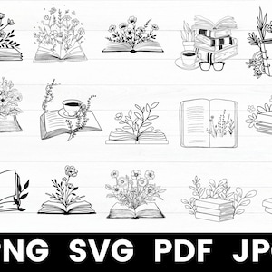 Può includere: Un set di 10 illustrazioni in bianco e nero di libri con fiori e foglie. Le illustrazioni sono perfette per progetti di artigianato, scrapbooking e design digitale.