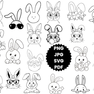 May include: A set of 20 black and white bunny rabbit illustrations. The bunnies are in various poses, some wearing glasses, bows, and flowers. The illustrations are perfect for crafting, scrapbooking, and digital design.