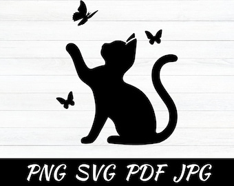 Cat with Butterflies SVG: Kitten Clipart (Digital Download)
