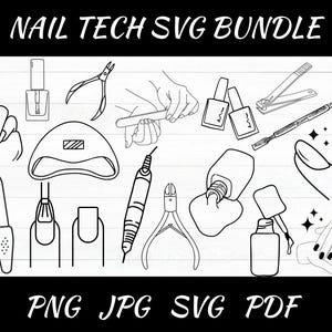 May include: A black and white line drawing illustration of nail tech tools and supplies. The image includes nail clippers, cuticle pushers, nail files, nail polish bottles, a nail lamp, and a nail drill. The image also includes a hand with nails being painted and a hand with nails being filed.