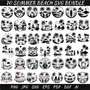 Op de afbeelding: Een verzameling van 70 zomerse strand-SVG-ontwerpen in cirkelvormige frames. Elk ontwerp toont palmbomen, strandscènes en de tekst "YOUR TEXT HERE". Formaten: PNG, JPG, SVG, EPS, PDF, DXF en AI.