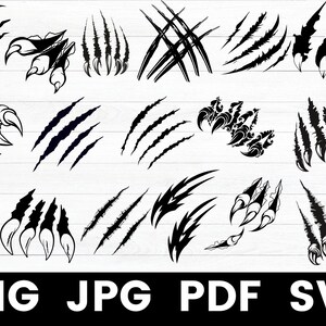 May include: A collection of black claw marks and claw images in various designs. The image includes the text "PNG JPG PDF SVG" at the bottom. The claw marks are on a white wooden background.