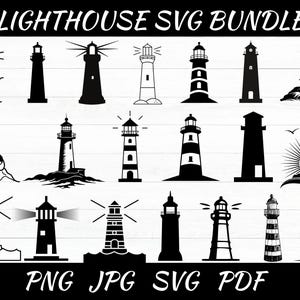 May include: A collection of lighthouse designs in black and white. The image includes various lighthouse illustrations, some with light beams, waves, and rocky bases. Text at the top reads "LIGHTHOUSE SVG BUNDLE" and at the bottom "PNG JPG SVG PDF".