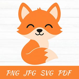 May include: A smiling cartoon fox illustration in orange, cream, and black. The fox has a curved tail and is sitting. The image includes the text "PNG JPG SVG PDF" in orange.