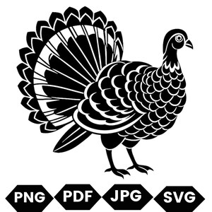 May include: Black and white silhouette of a turkey with its tail feathers fanned out.