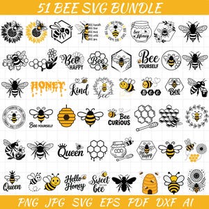 Może przedstawiać: Kolekcja 51 wzorów SVG z motywem pszczół. Projekty obejmują pszczoły, plastry miodu, słoiki miodu i tekst, taki jak "Bee Happy" i "Hello Honey". Obraz ma żółte tło z tekstem "51 BEE SVG BUNDLE".