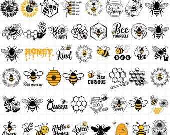 Paquete de 51 imágenes SVG de abejas: panal, frases, gráficos de abejorros (descarga digital)