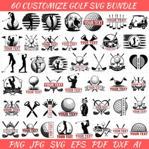 May include: A collection of 60 golf-themed SVG designs in black and white. The designs include golf balls, golfers, crossed golf clubs, and banners with the text "YOUR TEXT". Formats include PNG, JPG, SVG, EPS, PDF, DXF, and AI.