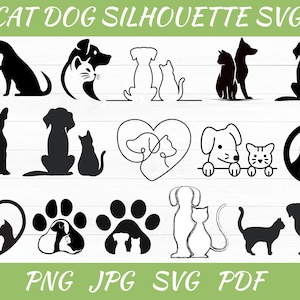 Puede incluir: Una colección de diseños de siluetas de gatos y perros en blanco y negro. La imagen incluye varias ilustraciones de gatos y perros juntos, en parejas y en huellas de patas. El texto en la parte superior dice "CAT DOG SILHOUETTE SVG". Archivos PNG, JPG, SVG y PDF.